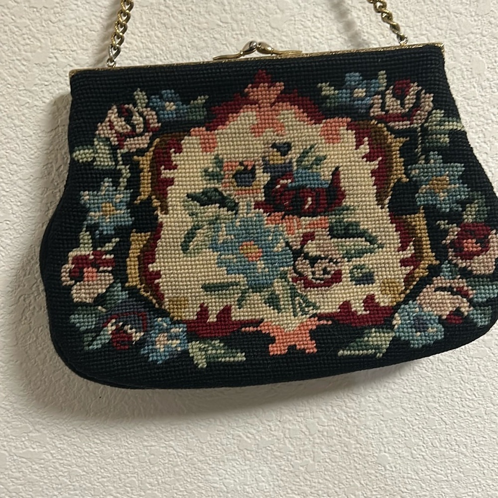 Vintage Christine Custom‎ Bags Detroit Michigan Needlepoint Handbag Black Floral